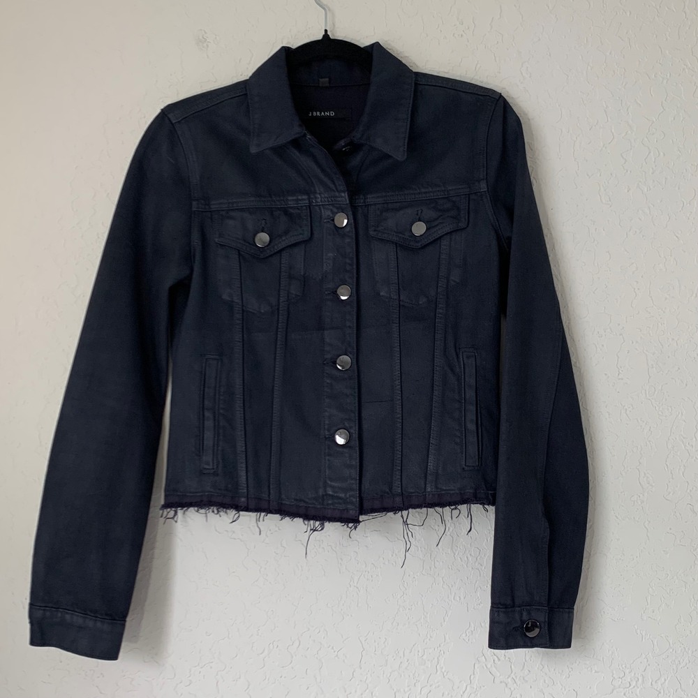 J Brand Denim Jacket Women XS Black Raw Hem Trucker Cropped Grunge Edgy Slim Fit